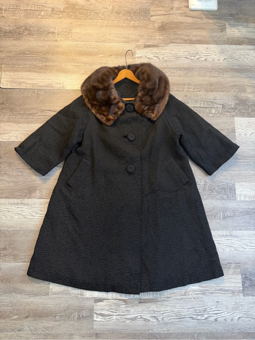 Vintage Jean Pierre French Coat Mink Fur Collar Black Brocade Womens XL